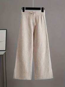 Women's Loose Solid Color Knitted Two Piece Set (Spring Thin) - Round Neck Long Sleeve Irregular Hem Autumn/Winter Sweatshirt And Wide Leg Pants With Split Cuffs, Comfortable Casual Wear, Casual Sportswear, Casual Knitted Set, Women's Thin Knitted Sweater Set, Women's Sportswear Set - 杏色 - 查看 3