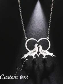Customized Heart & Bird Necklace - Personalized Name Engraving, Stainless Steel Heart Pendant With Design, Suitable For Girl, Christmas, Halloween, Valentine's Day Gift - Multicolor - View 1