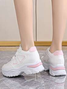 女士春秋新款厚底运动鞋，皮革鞋面拼接透气厚底休闲鞋，轻便系带时尚黑/白/粉色运动休闲运动鞋 - 粉色 - 查看 8