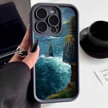 Cubierta de teléfono con diseño de paisaje marino y acantilados en azul oscuro para uso diario y viajes - Negro - Ver 2