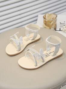 1 Pair Shiny Butterfly Studded Girl Summer Flat Sandals, Fairy Style, Perfect For Summer