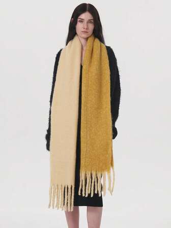 1pc Women's Dual-Tone Large Plaid Street Style Scarf, Long With Tassel Decor, Soft Shawl Wrap Containing Wool, Suitable For Outdoor Activities, Dates, Or Daily Commute, Autumn/Winter