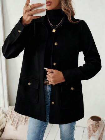Women's Casual Daily Turndown Collar Front Button Pocket Solid Color Overcoat