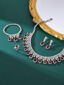 4 件奢华铜 AAA 方晶锆石红宝石流苏吊坠项链、手链、耳环、戒指首饰套装，适合女士派对、晚会、新娘、婚礼、情人节送给女友的礼物