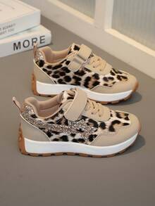 1双女童卡其色豹纹香槟色亮片新款户外运动鞋、网球鞋、跑步鞋,适合所有季节 - 卡其色 - 查看 3