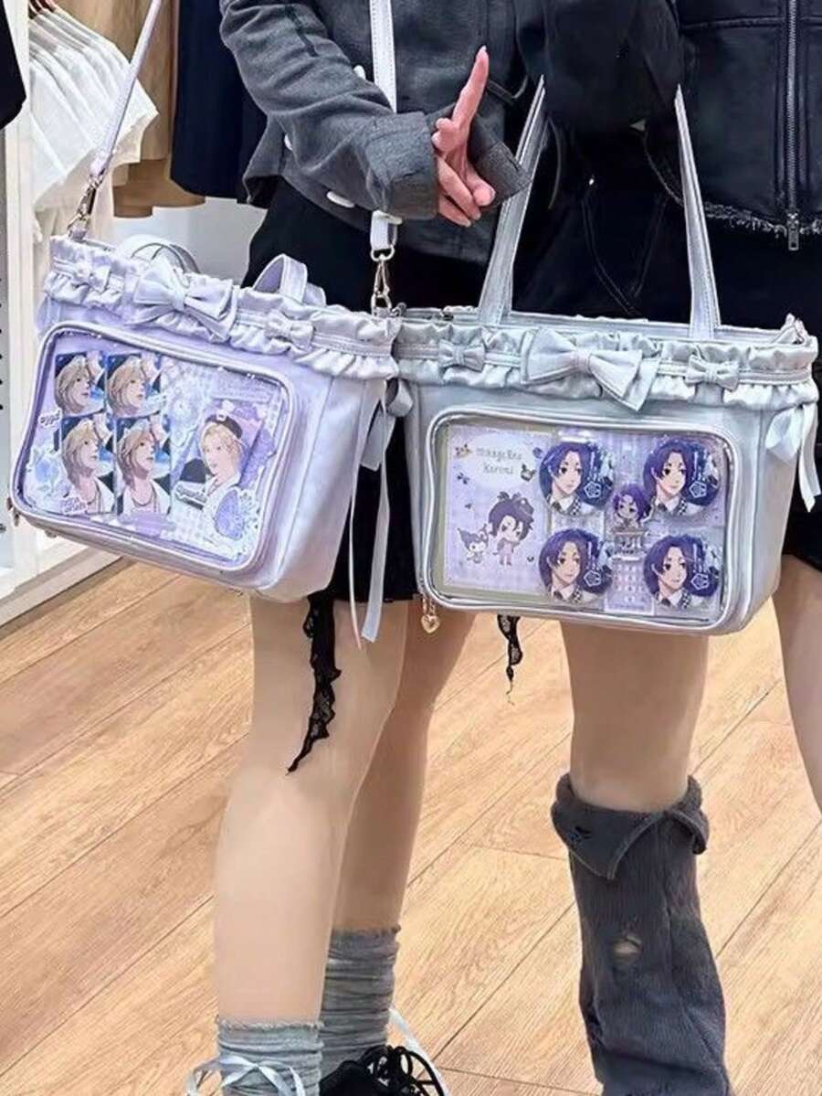 Geantă de mână cu insignă transparentă, stil japonez, la modă, balerină dulce, drăguță, cu panglică de dantelă și fundă, capacitate mare, potrivită pentru femei, cumpărături, naveta, petrecere, convenție anime, cadou de sărbători, geantă de umăr și crossbody - Multicolor - Vizualizare 1