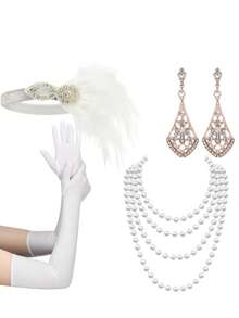 4件套D EXCEED 1920年代复古女郎配饰，适合女性，咆哮的二十年代派对配饰，复古女郎服装套装包括头饰、耳环、手套、项链 - 彩色 - 查看 13