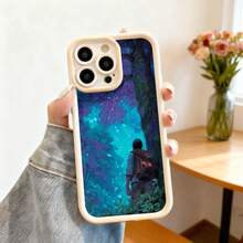Cubierta de telefono con borde negro diseño de bosque mágico con estrellas y viajero con mochila para uso diario y viajes - Negro - Ver 3