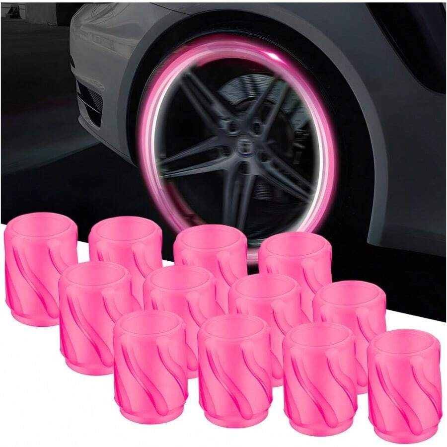 Mandark 12PCS Car Luminous Tire Valve Caps Fluorescent Night Glowing Vehicle Air Stem Covers Illuminated Glow In The Dark Automotive Decor Tire Air Caps Universal For SUV Truck RV Pink - Hồng - Xem 1