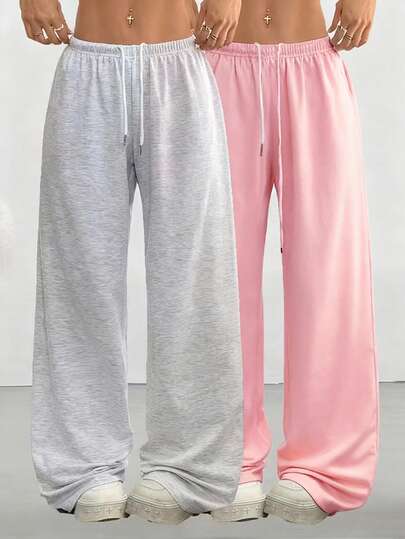 Conjunto de 2 calças de moletom femininas casuais com cordão, modelo jogger simples e folgado, ideais para primavera, verão e outono.