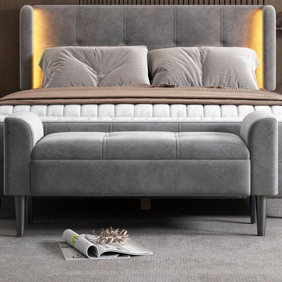 Upholstered Benches With Armrests, Bed Benches, Bed Stools, Bedroom Benches, Piano Benches, Dining Benches With Plaid Pattern, Velvet, MDF, Grey - Gray + Velvet - View 1