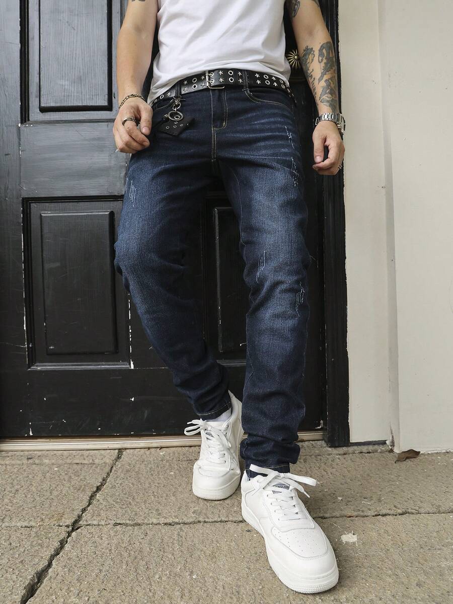 男士猫抓纹理弹力修身锥形口袋直筒牛仔裤，宽松长款，马蹄形水洗，复古蓝，Y2K风格，适合与朋友休闲外出 - 藏蓝色 - 查看 1