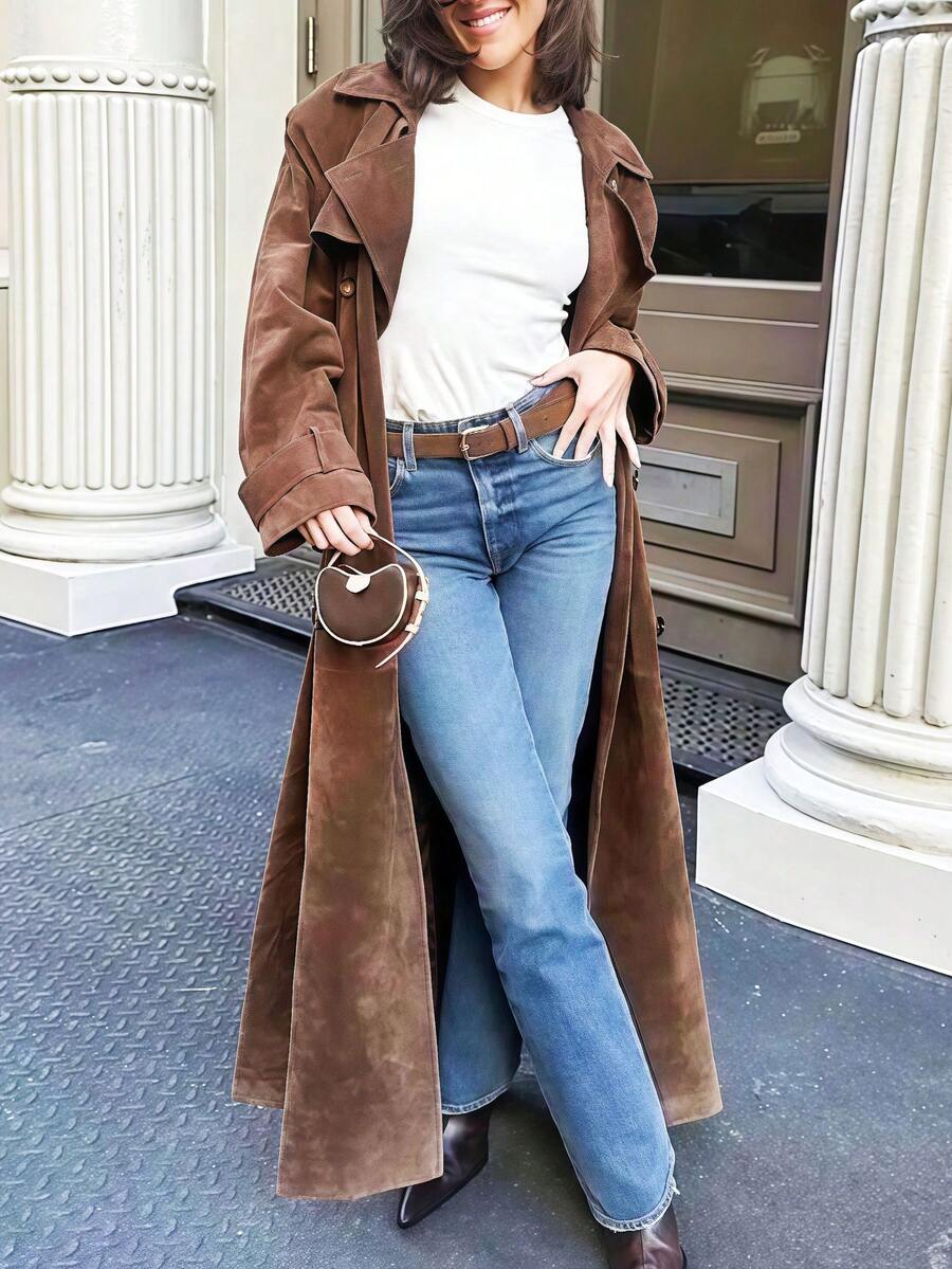 Women's Elegant Brown Suede-Like Trench Coat For Autumn & Winter - Belted Waist Design, Structured & Textured, Formal & Casual Autumn-Winter Outerwear - Hand Washable Luxury Women's Coat For Fall & Winter, Ideal For Office Commutes, Parties & Casual Outfits, Perfect For Versatile Layering - Timeless Design With Premium Fabric, A Top Choice For Style-Conscious Shoppers In Autumn & Winter - 棕色 - 查看 1