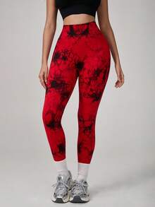 High Waisted Seamless Slim Tie-Dye Leggings For Women -Resilient Soft Touch Quick-Drying Breathable 4-Way Stretch Butt Lifting Legging, For Hiking Running Cycling Yoga Pickleball Exercise Casual - 紅色 - 查看 3