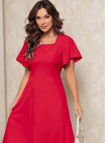 Women's Midi Dress With Short Sleeves, Princess Style, Elegant - 紅色的 - 查看 4