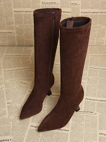 Fall/Winter Women's Fashion Pointed Toe High Heel Knee-High Boots,Burgundy Heels - Brown - View 4