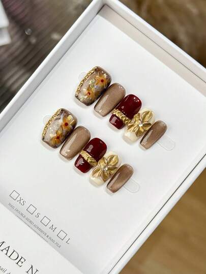 新款冬季金色3D立体花朵短方形手工假指甲 手工按压式指甲