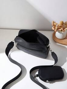 女士小方包，字母装饰单肩斜挎包，纹理皮革手提包，带迷你小袋 - 黑色 - 查看 6