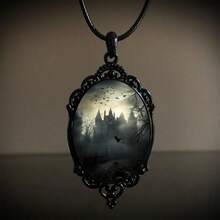 PINK TOWN Gothic Raven Castle Pendant Necklace,Vintage Cameo Glass Pendant Necklace Punk Style Victorian Choker Necklace Goth Raven Cabochon Choker Mystic Witch Halloween Jewelry For Women{Inchcolor_nameinch:Inch4483inch} - 4483 - 查看 3