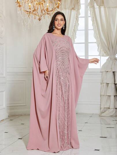 UNITHORSE Women's Round Neck Batwing Sleeve Long Luxury High-End Elegant Sequin Lace Splice Matte Satin Women Sleepwear Dress