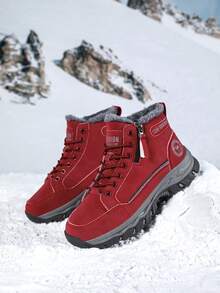 Zapatos deportivos multifuncionales con forro térmico antideslizante para mujer en invierno, botas de tobillo cómodas y cálidas para exteriores - Rojo - Ver 3