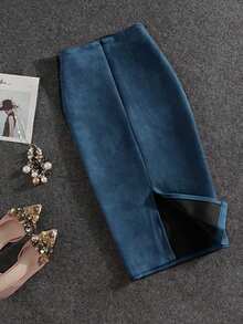 女士优雅通勤鹿绒拉链A字半身裙，后开衩，无弹力，适合冬季穿着