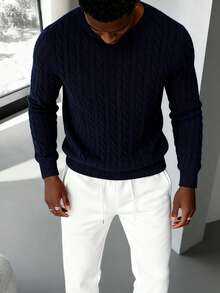 Męski, swobodny, uniwersalny, jednokolorowy, dzianinowy sweter z okrągłym dekoltem