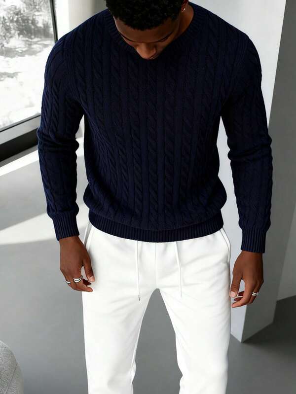 Pulover bărbătesc casual, versatil, cu guler rotund, în culori solide, tricotat răsucit