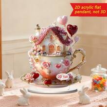 1pc Romantic Coffee Mug House Desktop Ornament, Multifunctional 2D Acrylic, Apple And Rose Design, Valentine's Day/Anniversary Gift - Multicolor - View 3