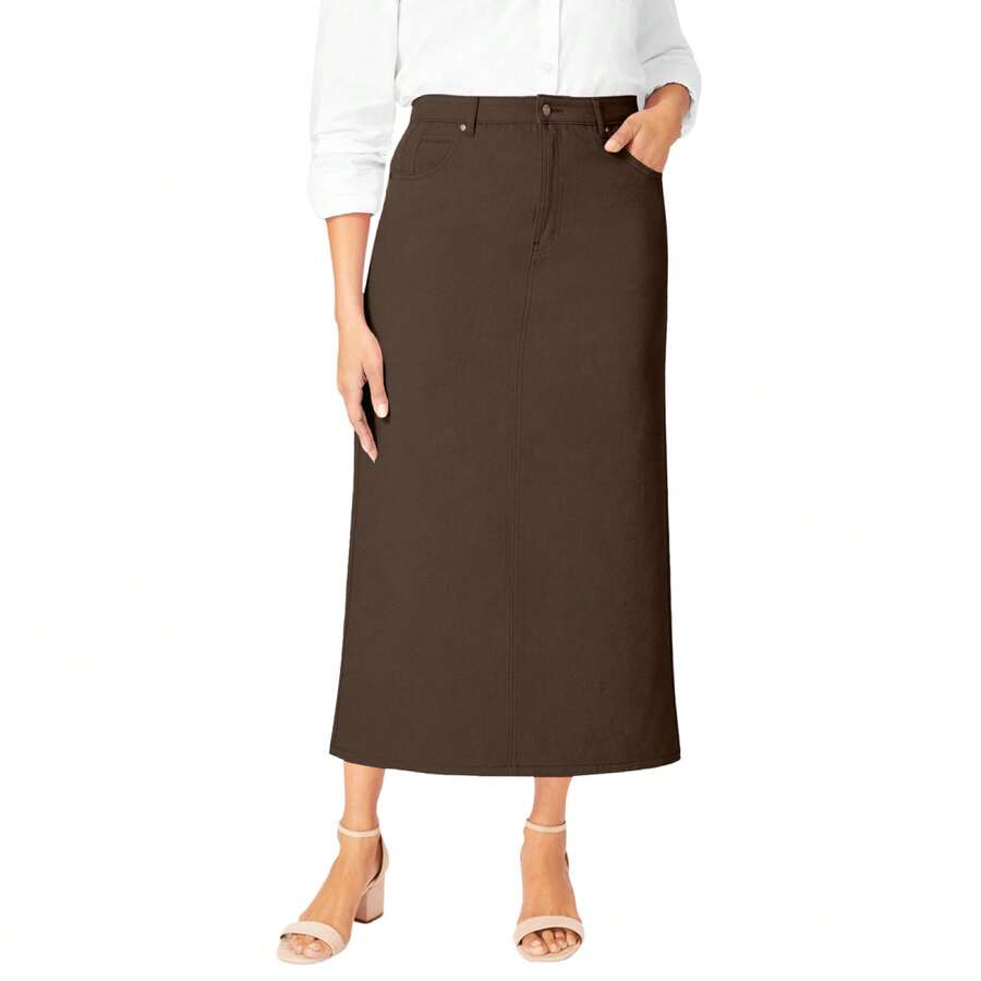 Jessica London Women's Plus Size Classic Cotton Denim Midi Skirt - CHOCOLATE - View 1