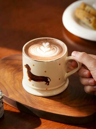 1pc/2pcs Cute Polka Dot Ceramic Mug With Gold Rim, Cartoon Dog Mug, Breakfast Milk Oatmeal Cup, Home Afternoon Tea Coffee Cup, Latte Art Cup, Juice Beverage Cup, Couple Water Cup, Holiday Gift Mug For Family And Friends