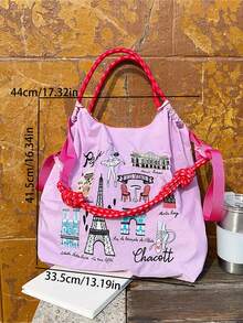 1pc New Fashion Embroidered Eiffel Tower Pattern Lightweight Foldable Nylon Tote Bag, Suitable For Party, Travel, Shopping And Beach Use