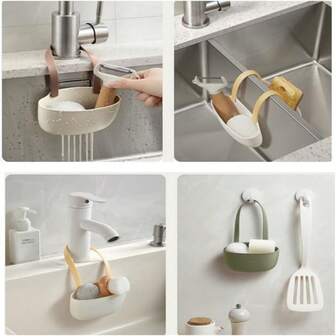 悬挂式水槽沥水篮收纳架，水龙头海绵悬挂式滤网，角落水槽垃圾收集器，适用于家庭厨房储藏室、梳妆台和浴室，食品水果蔬菜沥水架水槽收纳架，厨房水槽配件，排水孔设计，鞍形安装