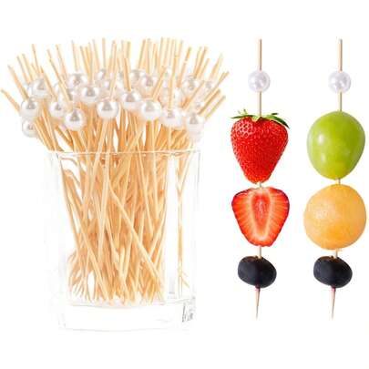 10/100pcs Cocktail Picks, White Pearl Decor Toothpicks, Suitable For Appetizers, Drinks, Fruits, Food, 4.7 Inch Fancy Bamboo Skewers, Suitable For Wedding Decoration, Party Supplies, Bridal Shower