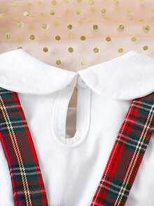 2 piezas Conjunto de niña bebé con blusa de manga larga con cuello Peter Pan blanco + pantalones cortos a cuadros, otoño/invierno