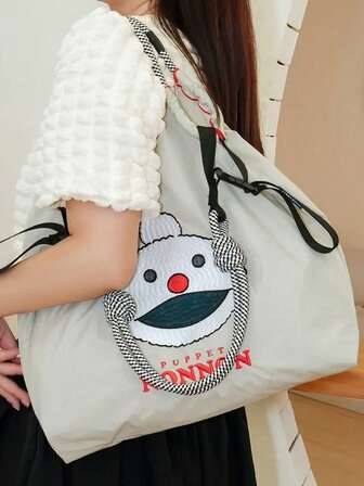 1 pieza Nueva bolsa de compras de nailon ligera y de gran capacidad con gráfico lindo bordado, estilo casual, con correa de hombro ajustable, adecuada para ir al trabajo, de compras, fiestas
