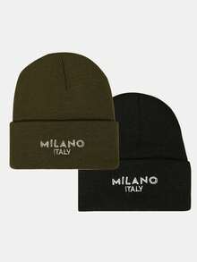 2顶男女通用米兰刺绣针织帽，时尚百搭男女冬季帽饰 - 彩色 - 查看 7