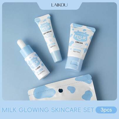 LAIKOU 一套莱克抗氧化亮肤牛奶护肤套装（3件装：17毫升毛孔细致精华液 + 15克抗皱眼霜 + 30克保湿霜），适合所有肤质，是旅行、露营、徒步、户外活动的必备佳品，也是送给妈妈的绝佳母亲节礼物。