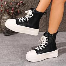 Women's High-Top Sneakers, Thick Sole, Hidden Wedge Heel, Niche Design, Casual Boots, Lace-Up, Metal Eyelets, Indoor/Outdoor