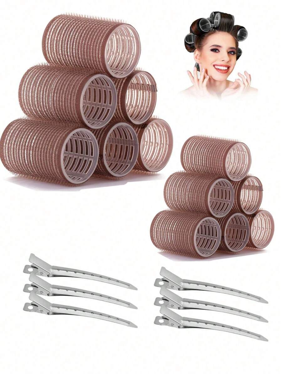 Bộ 18 lô cuốn tóc cỡ lớn kèm kẹp, máy uốn tóc tự kẹp phù hợp với tóc dài/trung bình/ngắn và tóc mái, dụng cụ uốn tóc tự làm (Bao gồm 12 ống lô cuốn lớn + 6 kẹp) - Cà phê - Xem 1