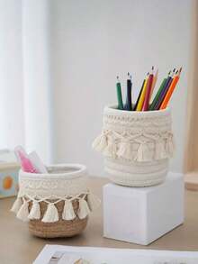 Chic Tasseled Storage Basket For Home Office And Living Room - Minimalist Retro Desk Organizer And Cosmetic/Makeup Storage, Pen Holder, Jewelry And Small Item Organizer, Woven Indoor Decorative Basket For Tidy Spaces, Multipurpose Utility For Vanity, Study Desk, Craft Room, And Gift Ideas For Spring Festival, Lightweight Design, Soft-Tone Decor, Versatile Storage Solution For Office Supplies, Accessories, And Personal Care Products - Multicolor - View 2