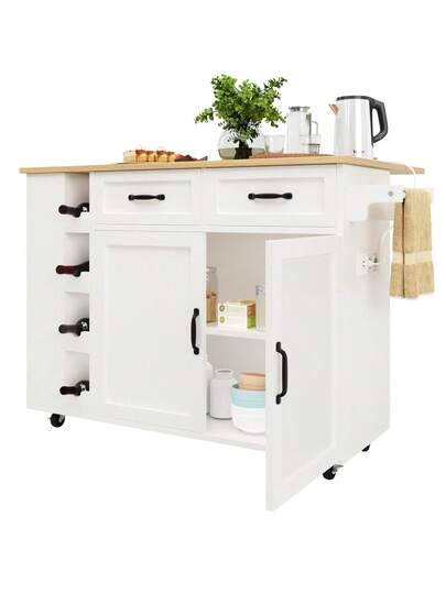 Kitchen Isl Serving Cart Countertop, Cabinet, Trolley, Food Four Doors Two Drawers, Wood Finish view 4