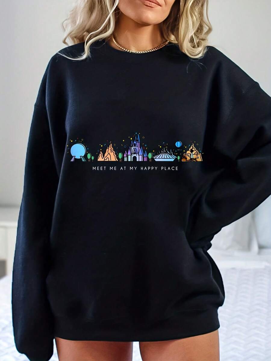 Meet Me At My Happy Place Sweatshirt, Family Vacation Shirt, Matching T-Shirt, Disneyland Sweatshirt, Vacay Shirt - 黑色 - 查看 1
