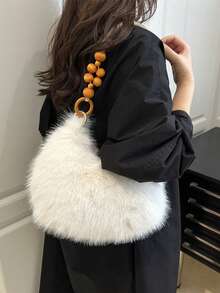 新款女士INS风小方包斜挎包，时尚链条毛绒包，秋冬韩版小方包 - 白色 - 查看 3