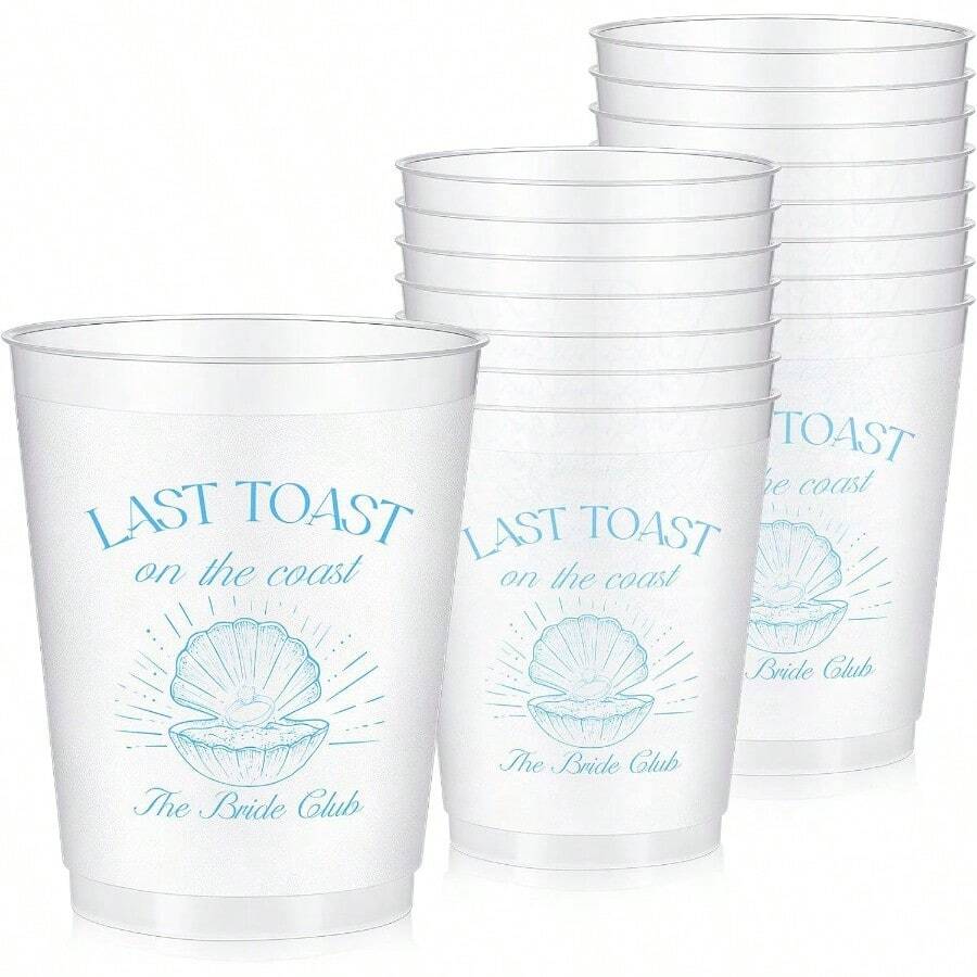 D16 Bachelorette Party Cups Last Toast On The Coast Clear Frosted Plastic Cute Bach Party Drinkware Reusable Cups Plies Bridal Shower Favors Engagement Decorations Gift 16oz Blue Shell - 藍殼 - 查看 1