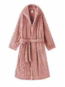 1pc Soft & Comfortable Jacquard Thermal Lined Long Fluffy Hooded Bathrobe With Pockets, Couple Style, Thick Double Layer, Suitable For Autumn/Winter - Pink - View 5