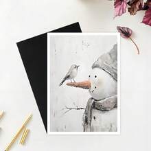 1张冬季主题雪人和鸟儿卡片，雪人圣诞卡片，独特圣诞卡片，圣诞礼物，送给特别的人的圣诞礼物 - 彩色 - 查看 5