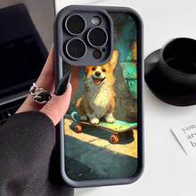 Cubierta de teléfono con borde protector color gris oscuro con estampado de perro corgi sobre patineta en estilo urbano para uso diario y viajes - Negro - Ver 2
