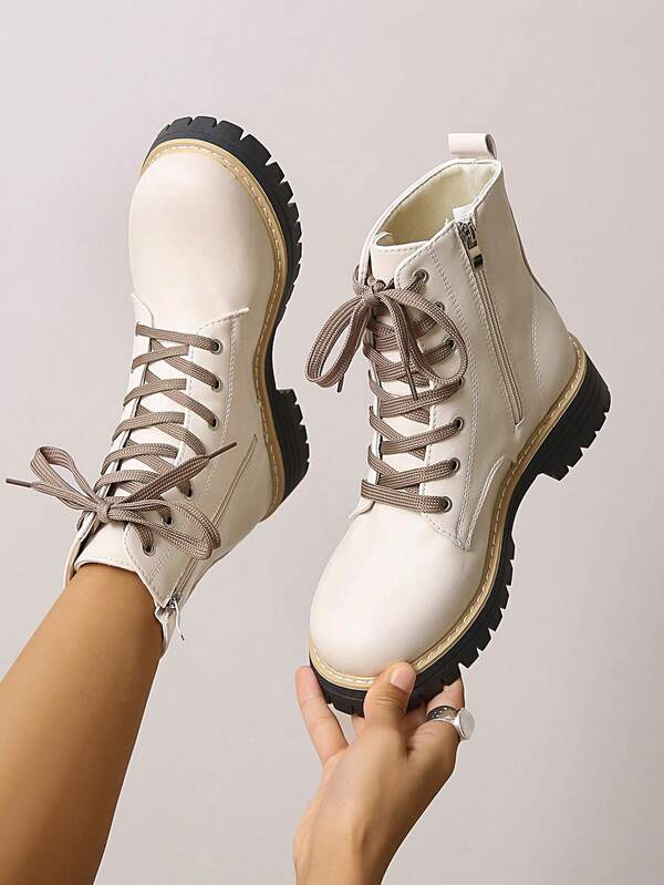 1 par de botas militares pretas com cadarço e sola grossa, pretas, bege, bico redondo, botas curtas, cano baixo, outono/inverno, botas para motocicleta, moda ao ar livre, zíper lateral, disponível na China, tamanho 36-43