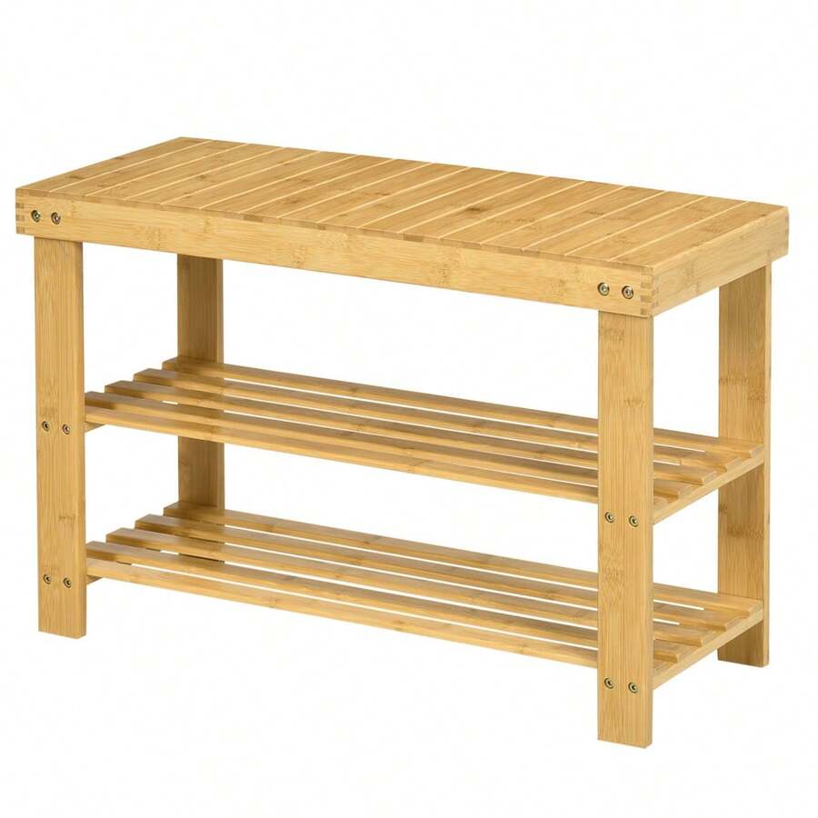 HOMCOM Shoe Bench, Bamboo Wardrobe Bench With 3 Shelves For 6 Pairs Of Shoes, Shoe Rack 70 X 28 X 45, Natural On-Site Storage Solution - 1 - 查看 1